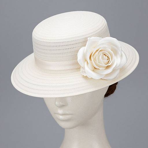 Photograph of a white, lace-trimmed hat with a large, cream-colored rose on the right side, displayed on a white mannequin
