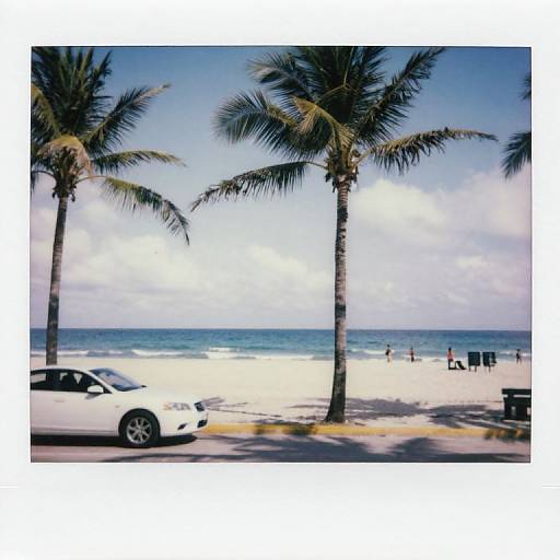 Photograph of a sunny beach with three palm trees, a white car in the foreground, and people near the shoreline.