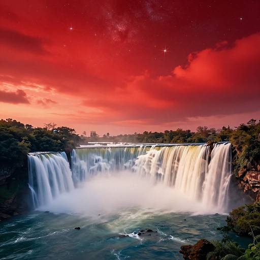Photograph of a vibrant waterfall under a dramatic red-orange sky with star-like dots, surrounded by lush greenery and mist.