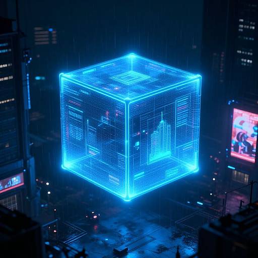 Neon blue, glowing, wireframe cube hovers above a dark, cityscape at night, surrounded by skyscrapers with lit advertisements. Digital