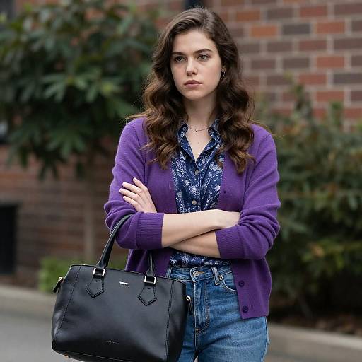 Serious Woman in Purple Cardigan