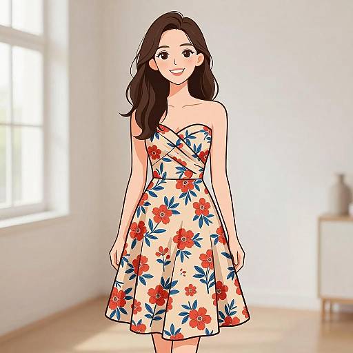 Digital illustration of a smiling woman with long brown hair, wearing a strapless, floral-print dress with red and blue flowers, standing in a bright,