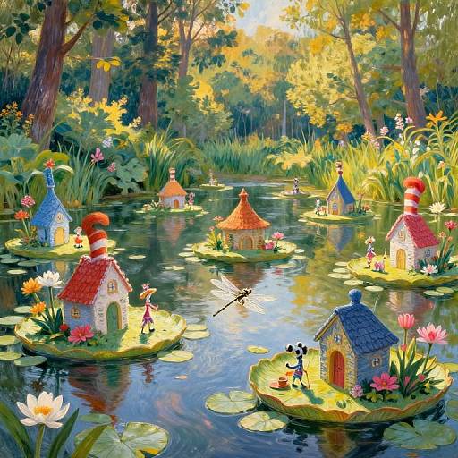 Whimsical digital illustration of a sunny, lily-pad-covered pond with colorful fairy-tale houses, flowers, and small figures, surrounded by lush