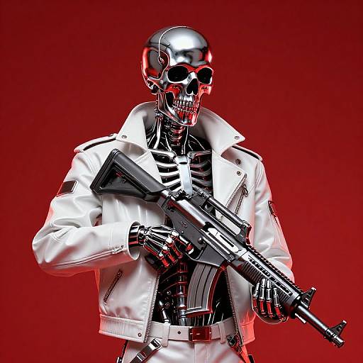 Digital artwork of a skeletal figure in a white jacket, wearing a black helmet and sunglasses, holding a black assault rifle against a red background.
