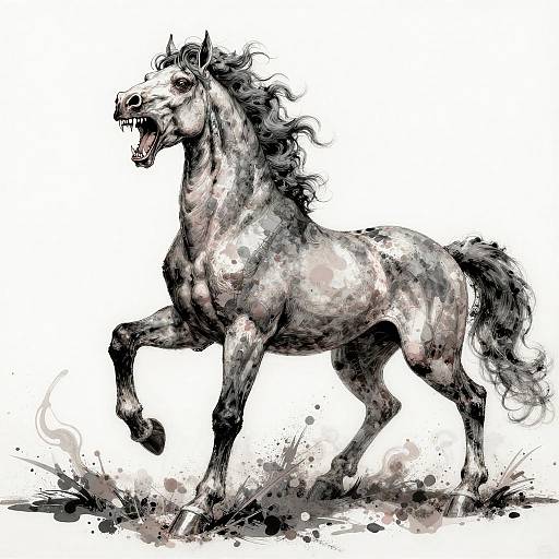 Dynamic black-and-white watercolor drawing of a wild, roaring horse in mid-stride, with splattered ink effects and detailed muscular anatomy.