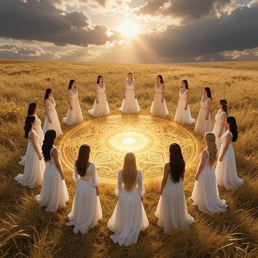 Photograph of 12 women in white dresses, standing in a circle around a glowing, intricate, golden circle on a grassy field at sunset,