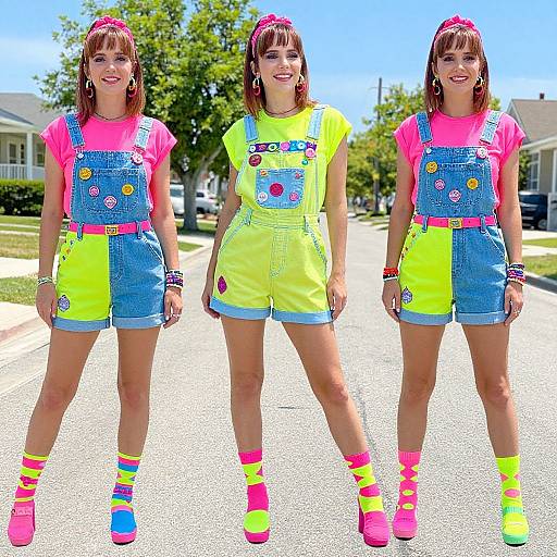 Photograph of a smiling young woman with brown hair, wearing neon yellow and blue overalls, pink shirt, colorful socks, and pink shoes, standing