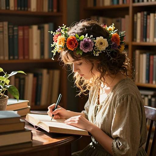 Photograph of a young woman with curly hair and a colorful flower crown, writing in a sunlit library, surrounded by books.