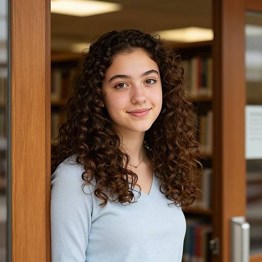 Photograph of a young woman with curly dark brown hair, light skin, and brown eyes, wearing a light blue shirt, standing in a wooden-fr