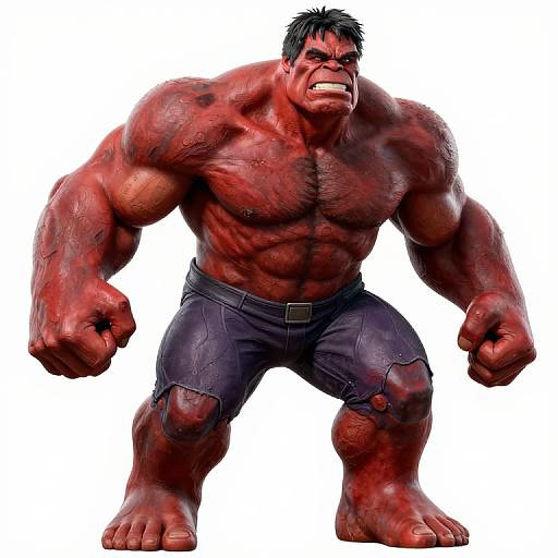 CGI image of a muscular, red-skinned, angry Hulk with black hair, wearing torn dark shorts, standing against a white background.