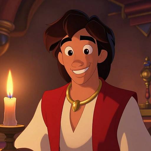 Digital illustration of Aladdin from Disney, smiling with dark hair, wearing a red vest and white shirt, holding a lit candle in a dimly lit