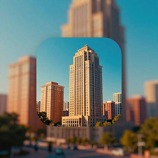 Photograph of a cityscape with a tall, beige skyscraper reflected in a rounded window, surrounded by blurred red and white buildings under a clear blue