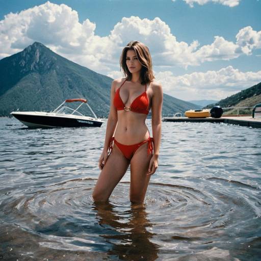 Woman in Red Bikini Standing in Lake