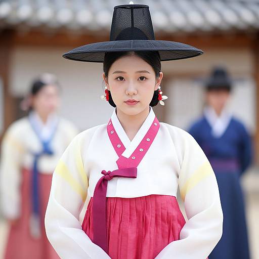 Photograph of a young Asian woman in traditional Korean hanbok with red skirt, white shirt, black hat, and red earrings, standing outdoors with