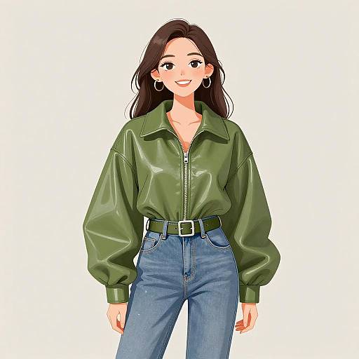 Digital anime-style drawing of a smiling woman with long brown hair, wearing a green zip-up jacket, blue jeans, and a belt.