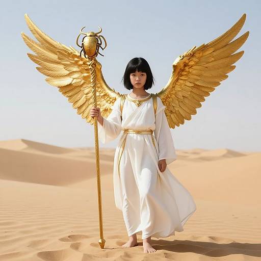 CGI image of an Asian woman with black bob haircut, golden wings, white robe, holding golden staff with orb, in desert.