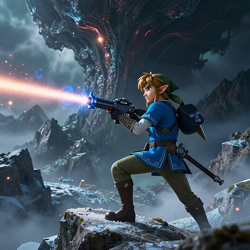 Digital art of Link from Zelda, in blue tunic and green pants, firing a futuristic gun on snowy mountain, with dark, alien forest background.