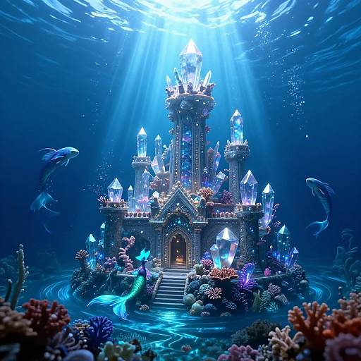 Digital artwork of an underwater crystal castle illuminated by radiant blue light, surrounded by glowing crystals, colorful coral, and swimming dolphins.