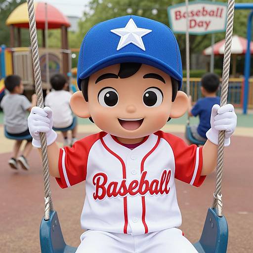 Digital illustration of a smiling young boy in a blue baseball cap with a white star, red and white baseball uniform, holding swing ropes in a colorful playground