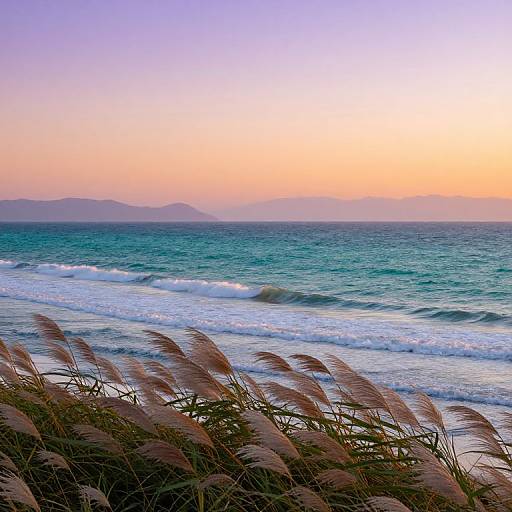 Photograph of a serene beach at sunset, featuring gentle waves, pink-orange sky, distant mountains, and tall, swaying grass in the foreground.