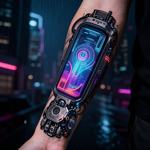 Photograph of a futuristic, neon-lit, cybernetic wristwatch on a rain-soaked arm in a dark, neon-lit cityscape