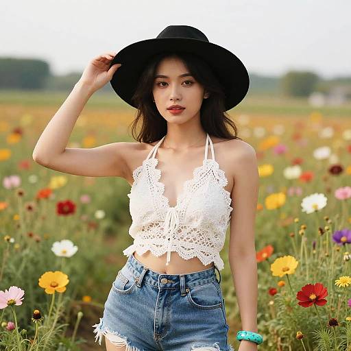 Bohemian Chic Woman in Flower Field