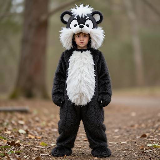Photograph of a young child standing in a forest, wearing a black and white skunk costume with a fluffy hood and large ears, looking directly at