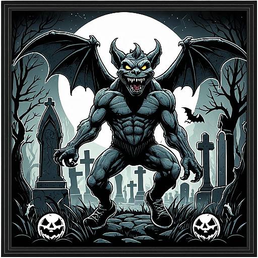 Gargoyle in Foggy Cemetery