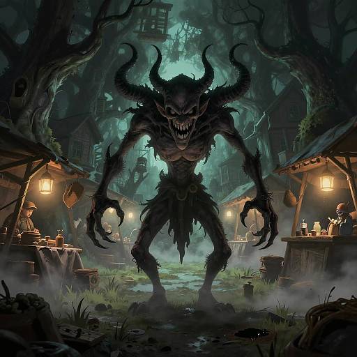 Digital fantasy art: Dark, horned demon with sharp teeth looms menacingly in misty, illuminated village street, surrounded by seated villagers.
