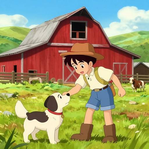 Anime-style drawing of a boy in a brown hat and blue shorts, petting a black-and-white dog in front of a red barn on a sunny