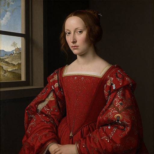 Renaissance portrait of a pale-skinned woman with brown hair, wearing an ornate, red, embroidered dress, standing by a window with a