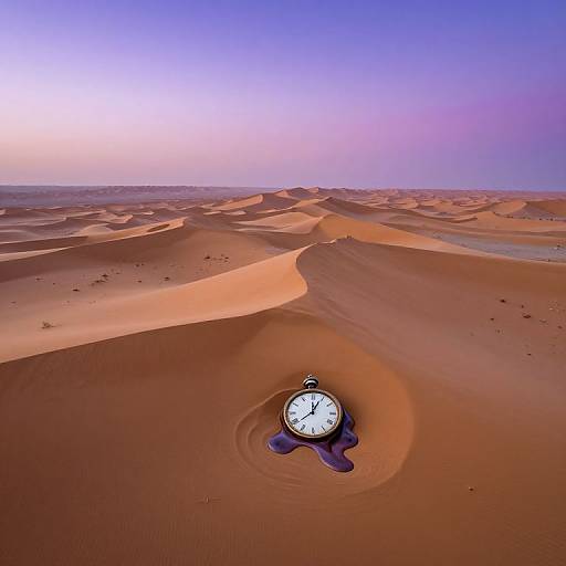 Photograph of a desert landscape with a clock partially buried in sand, shadows cast across dune patterns, under a gradient sky from purple to blue.