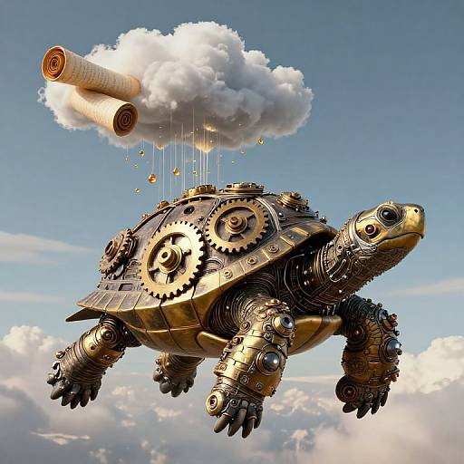 Steampunk-style, mechanical turtle with gears and cogs flying through the sky, carrying a cloud with a rolled-up scroll. Blue sky background.