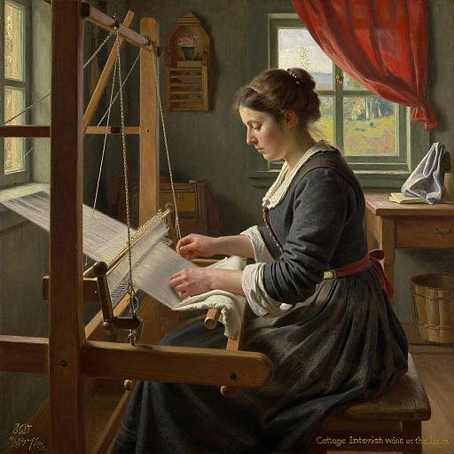 Photograph of a focused young woman in a dark blue dress with white trim, weaving at a wooden loom in a sunlit, rustic room with