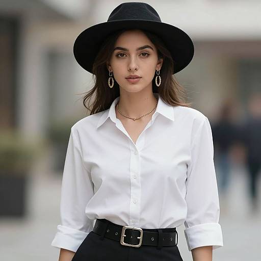 Photograph of a young woman with olive skin, brown eyes, and dark hair, wearing a black wide-brim hat, white button-up shirt,