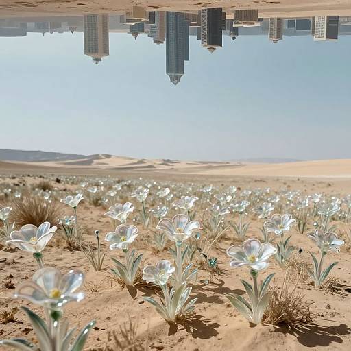 Photorealistic CGI: Desert landscape with blooming white flowers beneath floating, pixelated city skyscrapers under a bright blue sky.