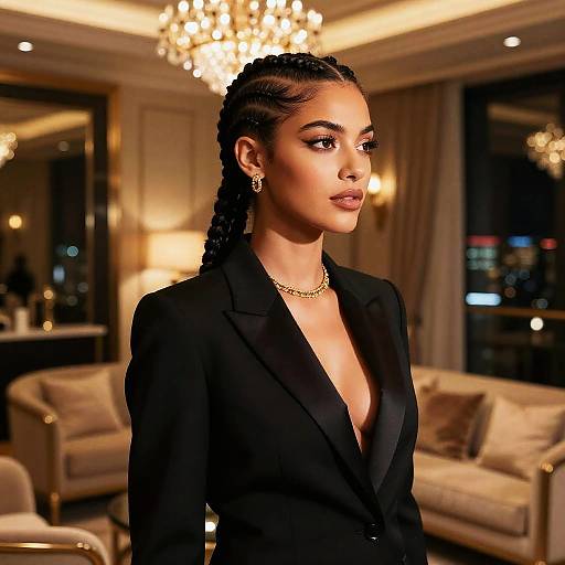 Photograph of a confident Black woman with braided hair, wearing a black blazer, gold necklace, and earrings, standing in an elegant, dim