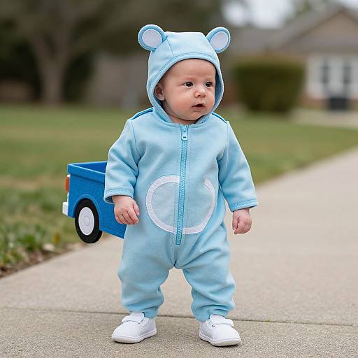 Photograph of a chubby, light-skinned baby in a light blue bear onesie with ears, white shoes, and a blue toy truck on a
