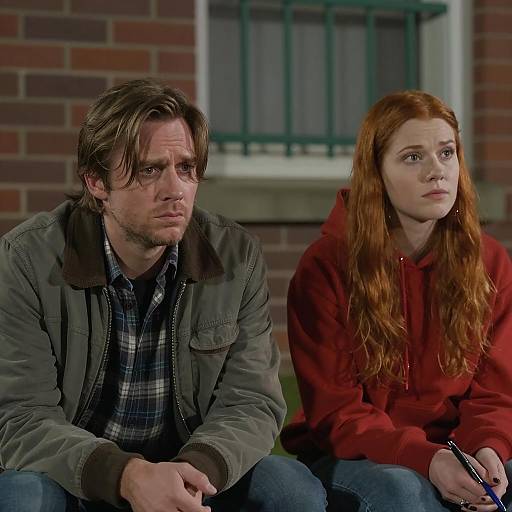 Worried man and thoughtful woman sitting outdoors at night
