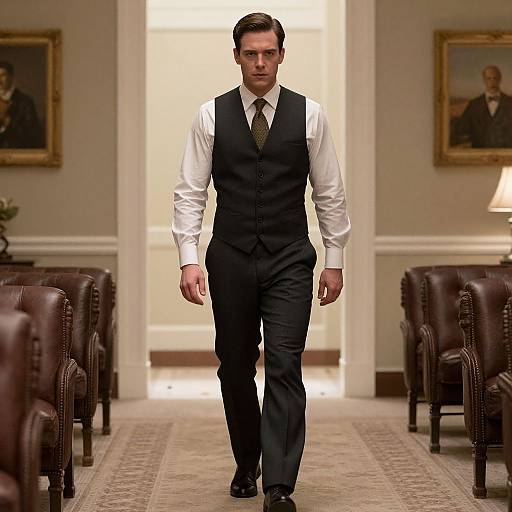 Photograph of a serious, handsome man with short brown hair, wearing a black vest, white shirt, and tie, walking down a luxurious, carpet