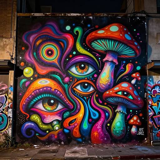 Vibrant, psychedelic graffiti mural featuring colorful, swirling mushrooms, eyes, and abstract shapes on a dark, urban wall. Bright, neon-like colors