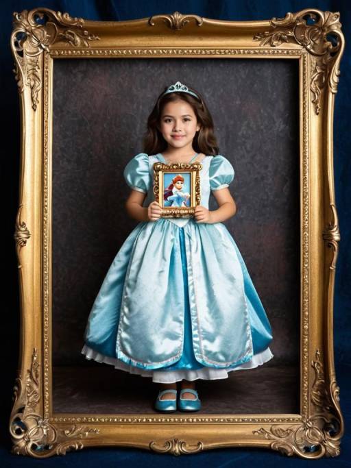 Girl in Princess Dress Holding Decorative Frame