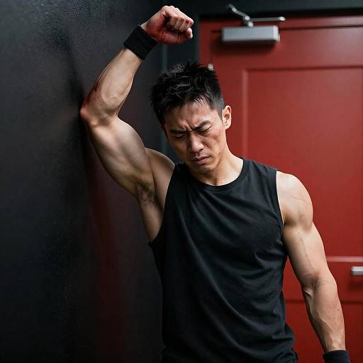 Intense Muscular Man Against Dark Wall
