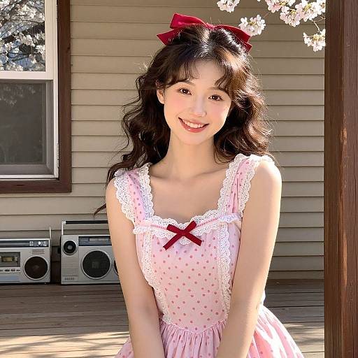 Photograph of a smiling young Asian woman with wavy black hair, wearing a pink polka-dot dress with a red bow, and red hair bow