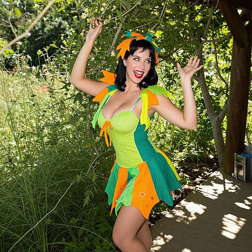 Photograph of a smiling woman in a vibrant green and orange fairy costume, standing in a sunlit, leafy garden path.