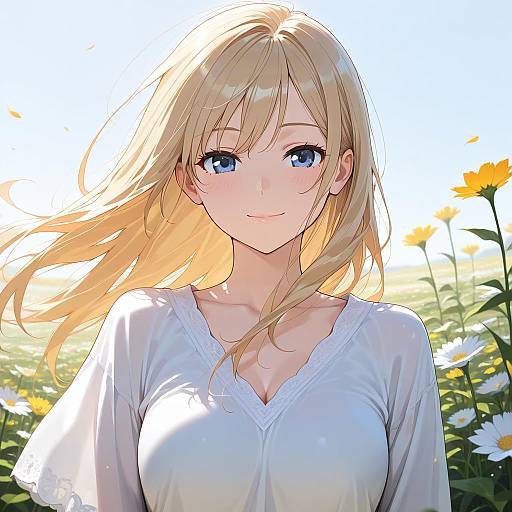 Blonde Girl in Wind with Flowers