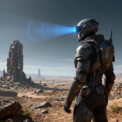 Photorealistic CGI of a futuristic armored soldier with glowing blue visor, standing in a desert wasteland, gazing at a damaged, ruined skys
