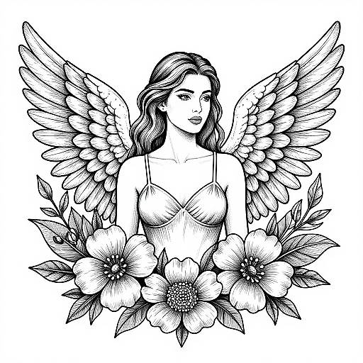 Black and White Winged Woman Line Art