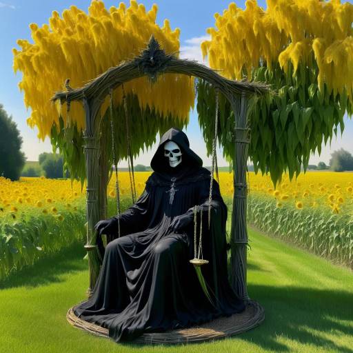 Grim Reaper on Wooden Swing in Sunflower Field