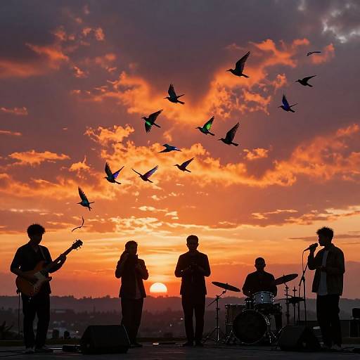 Melodic Sunset with Iridescent Birds